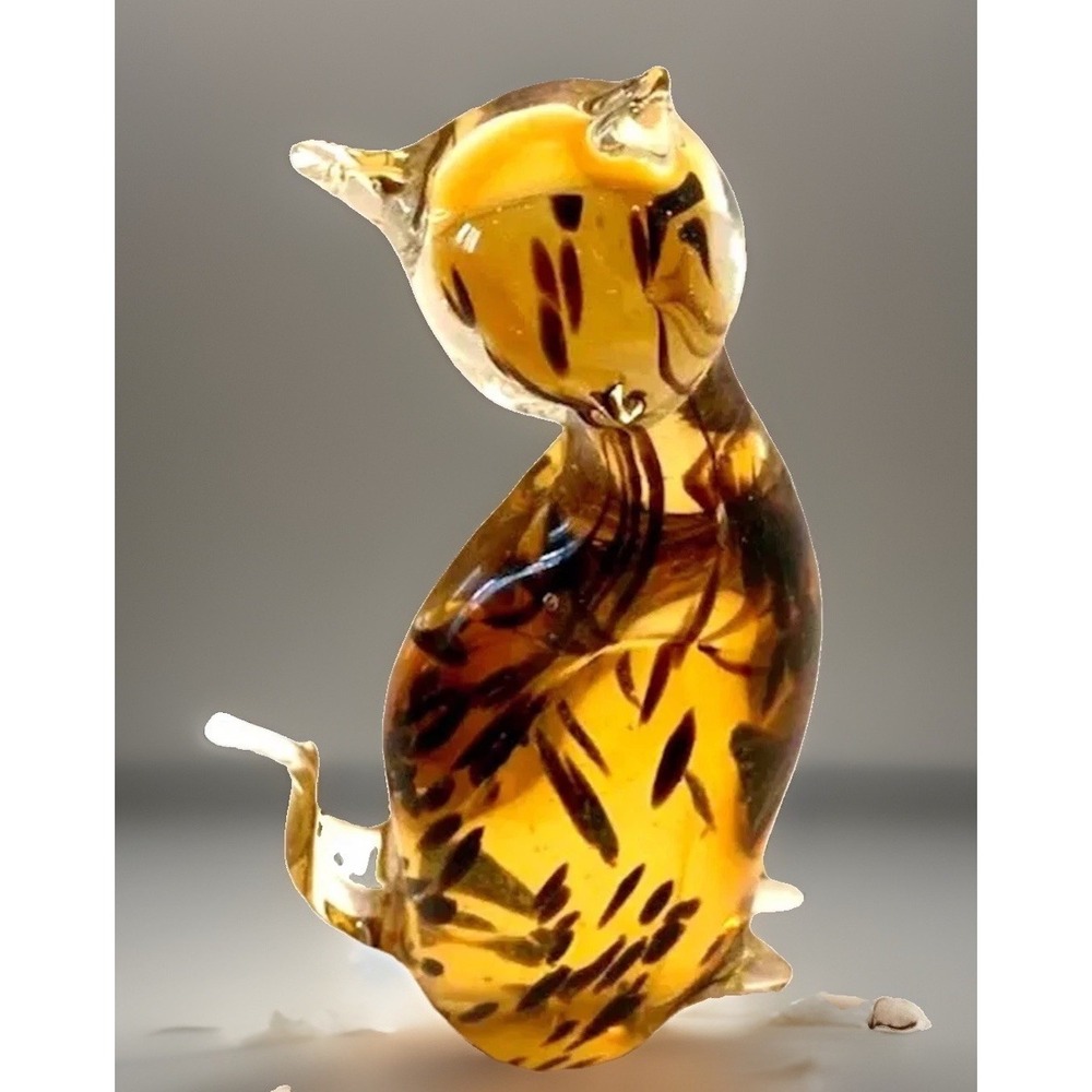 MCM Art Glass Home Decor Art Deco Leopard Black Gold Handmade Tall Cat Vintage